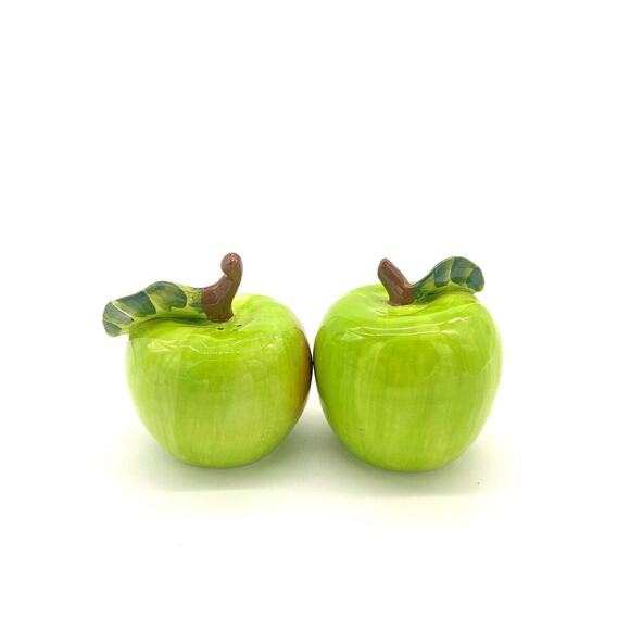 Green Apple Salt & Pepper Shakers Set Ceramic By Blue Sky Bite Teacher Gift - Picture 3 of 5